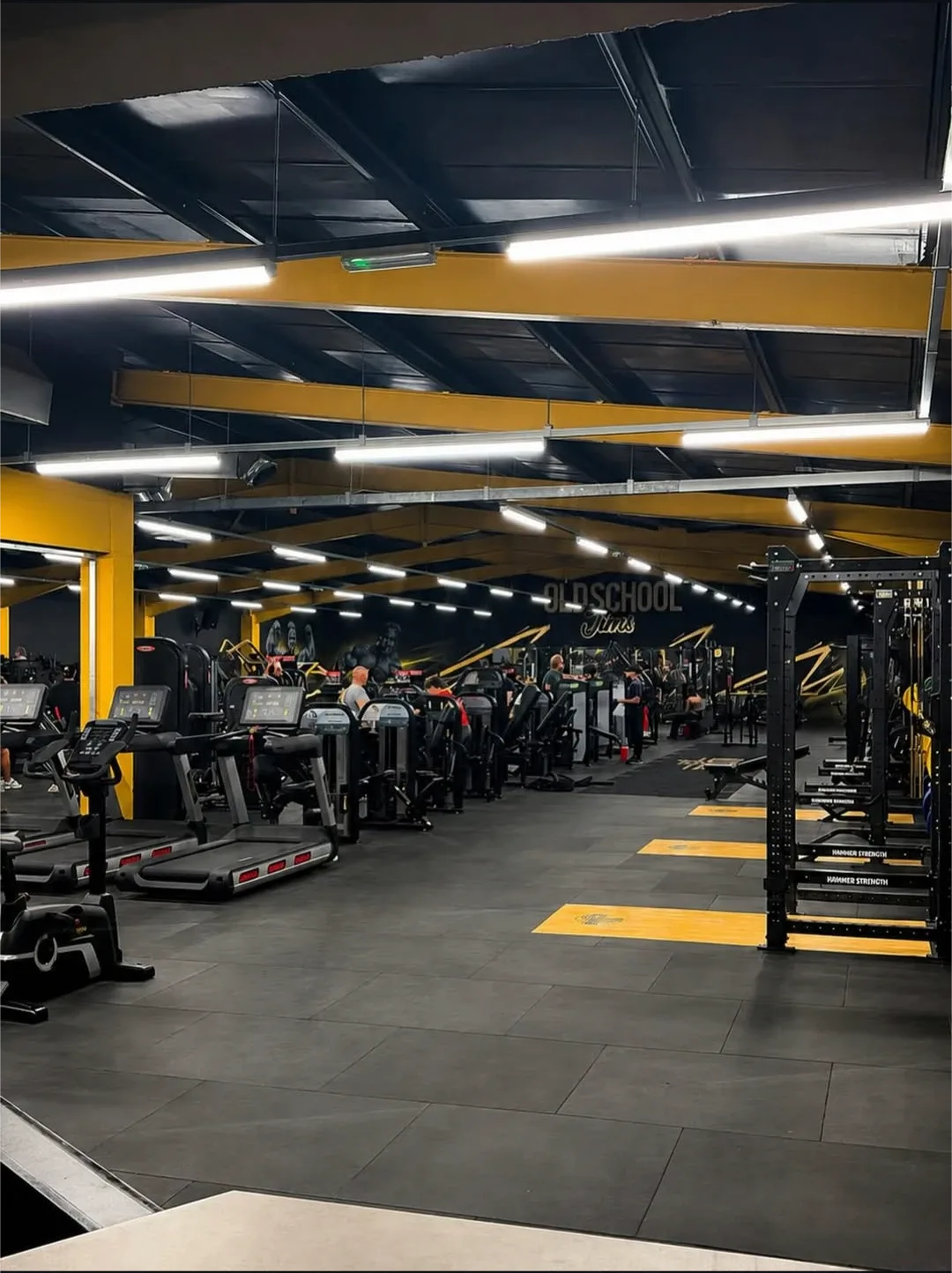 The gym floor at Old School Jim's in Wellington, Telford, under yellow steel beams: treadmills on the left, Hammer Strength racks on the right