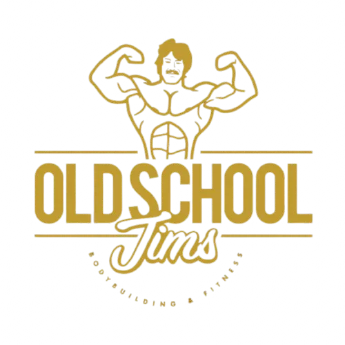 Old School Jim's Bodybuilding & Fitness, Telford, logo: a gold line drawing of a moustached bodybuilder in a double-biceps pose over the name